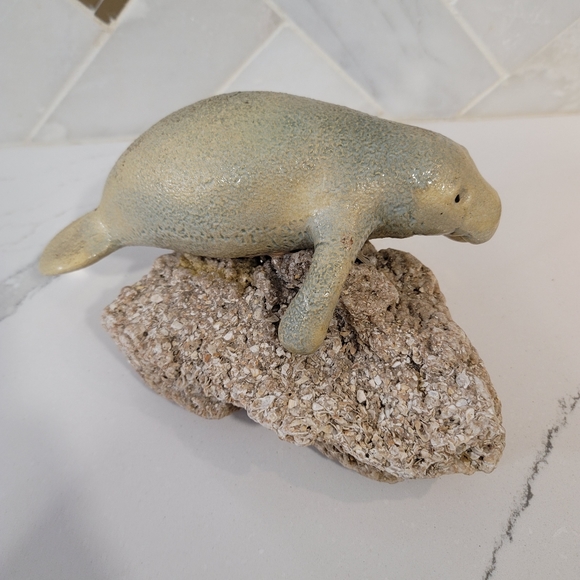 Ceramic manatee on a shell rock. This plus size mermaid is cute beach decor! - Picture 7 of 12